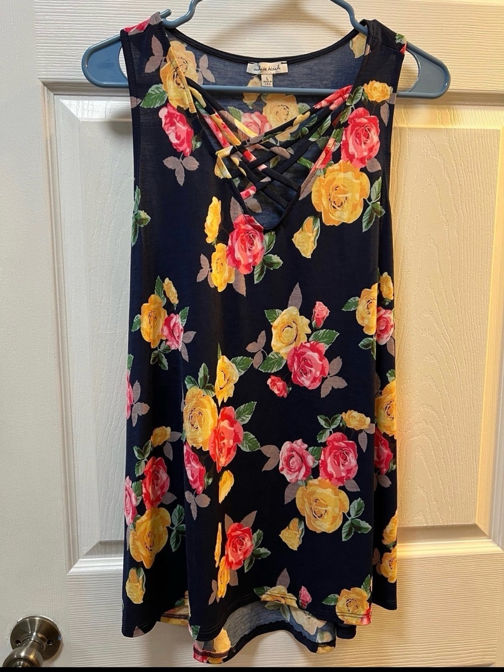white birch Navy Floral Crisscross Tank Top